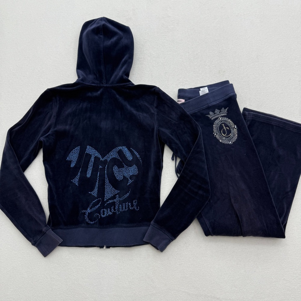Juicy Couture Navy Blue Velour Tracksuit‎ Jacket Pants Size S/M Y2K Rhinestone